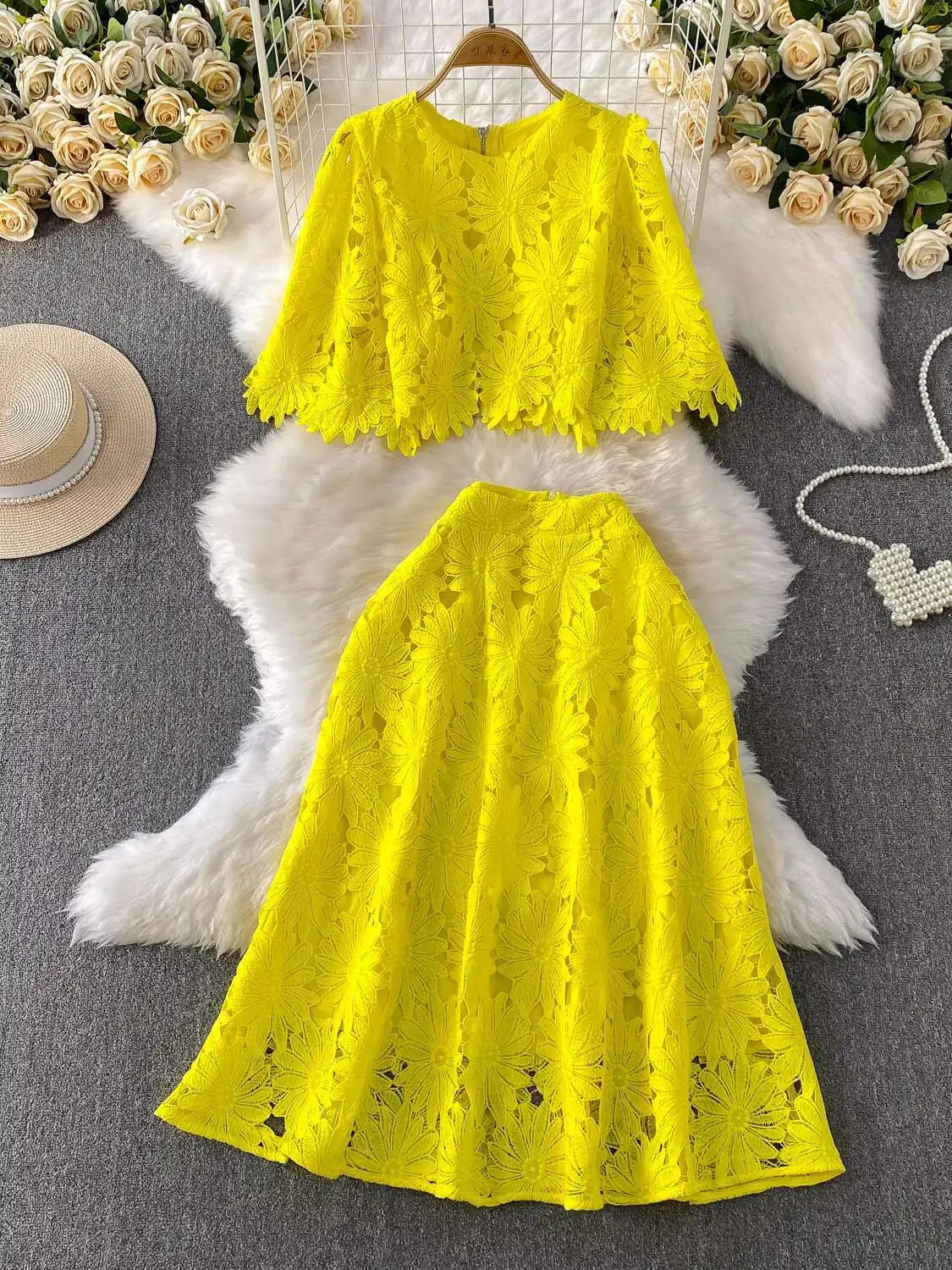 Maxy Elegant 2 Piece Set Women Summer Autumn Hollow Out Crochet Embroidery Prom Evening Party Long Dress Suits Crop Top Skirts Suits