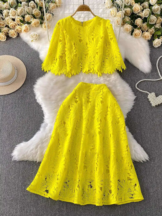 Maxy Elegant 2 Piece Set Women Summer Autumn Hollow Out Crochet Embroidery Prom Evening Party Long Dress Suits Crop Top Skirts Suits