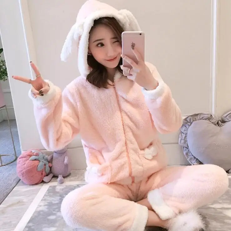 Winter Thick Warm Flannel Pajamas Sets For Women Sleepwear Pajama Homewear Pyjamas Set Cartoon Cute Warm Hooded Rabbit Gowns