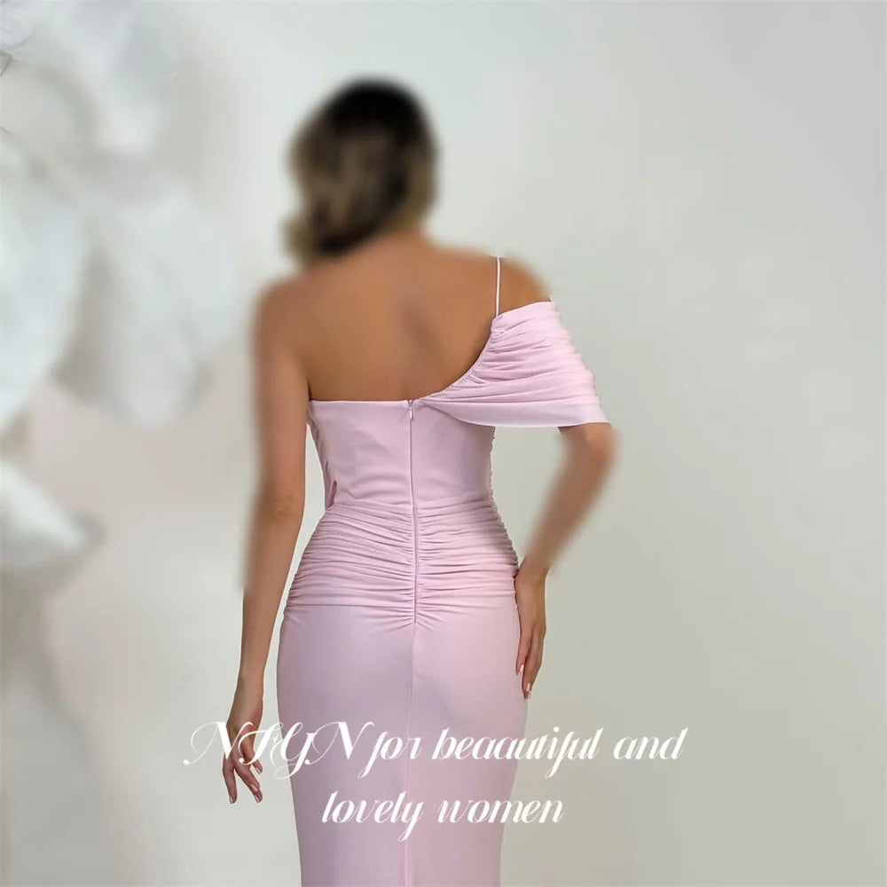 NFYN Pink Chic Evening Dresses One Shoulder Prom Dresses Trumpet Party Formal Gown with Ruched robe de bal for Woman Customized