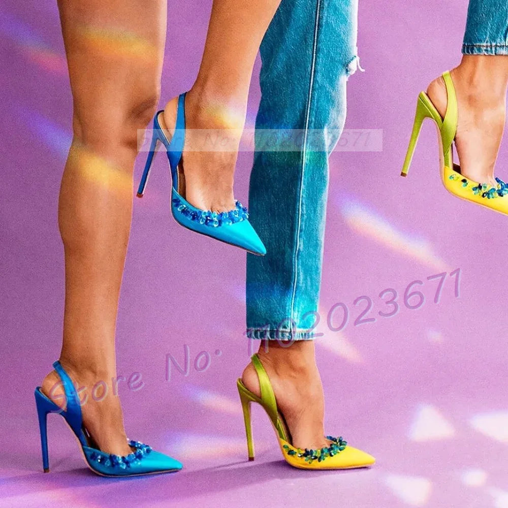 Maxy Blue Crystal Trim Elegant Satin Sandals Women Luxury Back Strap High Heels Party Shoes Ladies Summer Chic Pointy Toe Bling Pumps