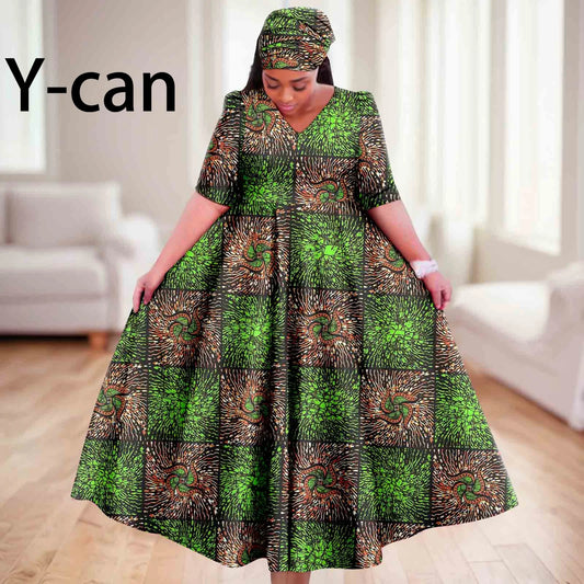 Maxy Church Dresses for Woman Traditional Party Gown V Neck Maxy Dress with Free Turban Wedding Africa Turkey Style 2425083