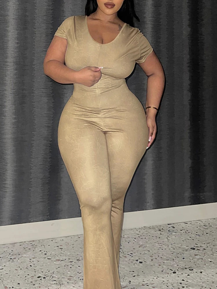 Amay Plus Size Flared Jumpsuits for Women Autumn Casual Short Sleeve V Neck Zipper Skinny Trousers Large Size Full Jumpsuit Woman