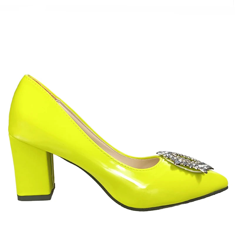 Amay Extravagant Crystals Buckle Pumps Women's Shoes 7cm Chunky High Heel Pointed Toe Patent Leather Shoes Female Plus Size 49 50