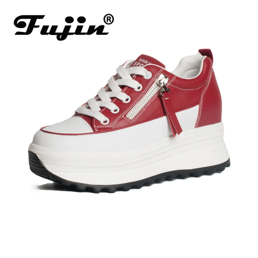 Amay Fujin 7cm Genuine Leather Women Platform Shoes Wedge Sneakers Lace Up
