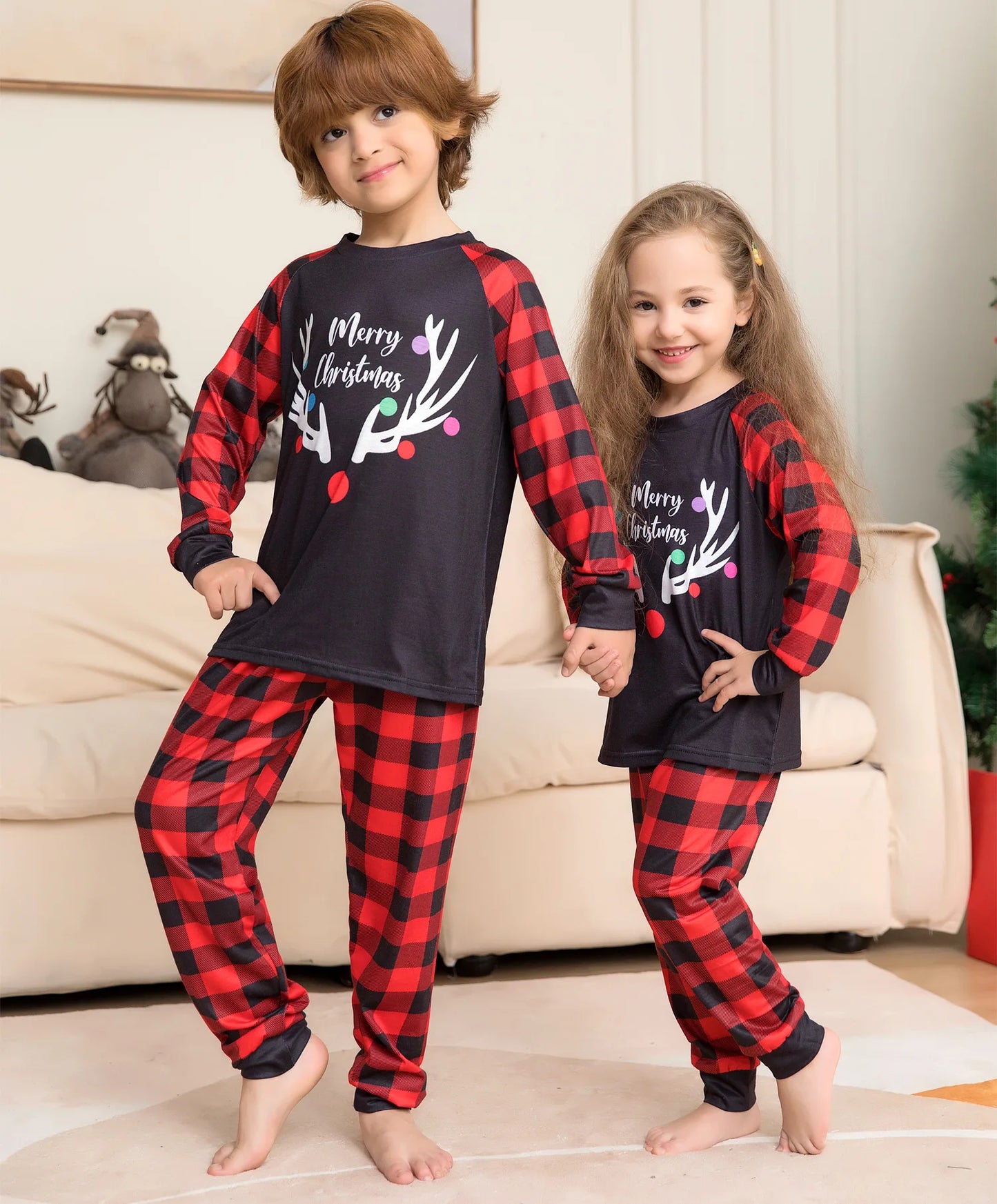 Merry Christmas Print Plaid Family Pajamas Set Soft Cute 2 Pcs Sleepwear Adults Kids Clothing Sets Baby&Dog Romper Pjs Xmas