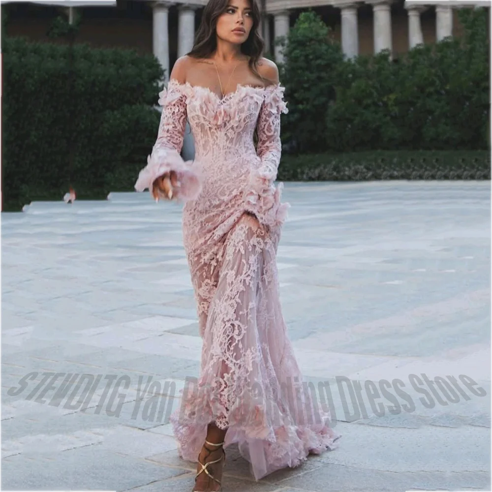 Luxury Lace Pink Long Sleeves Prom Dress For Women Banquet Party Mermaid Floor Length Elegant Formal Evening Gown Customized