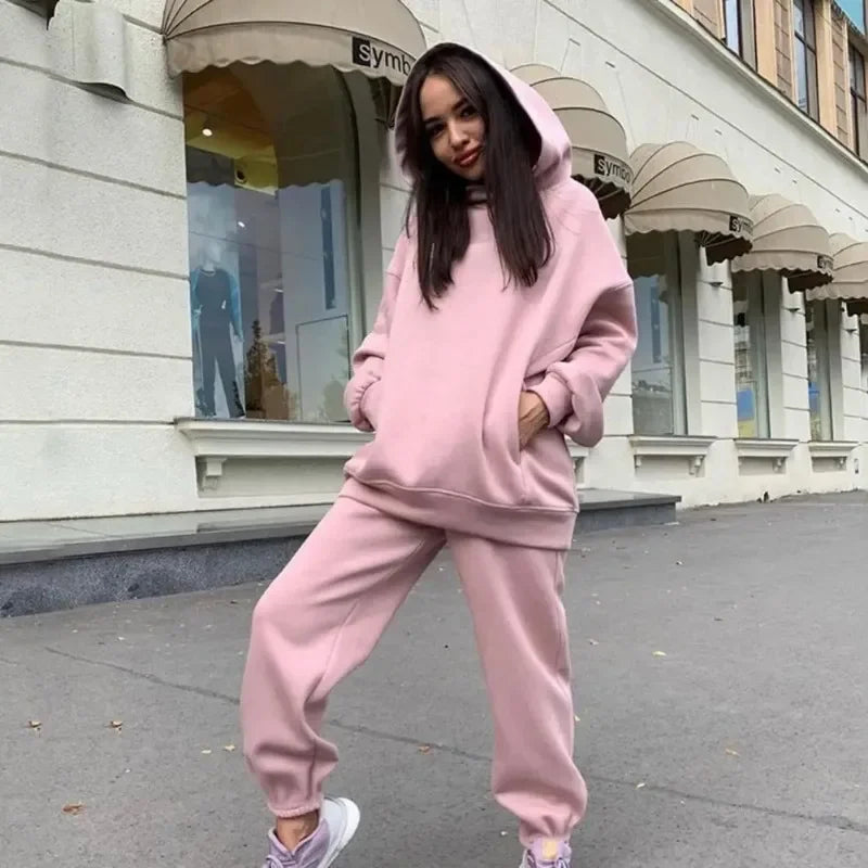 Maxy Winter Tracksuit Women Two Piece Set Solid Warm Suits Hoodies Sweatpants Oversized Pullovers Long Pant Sportswear