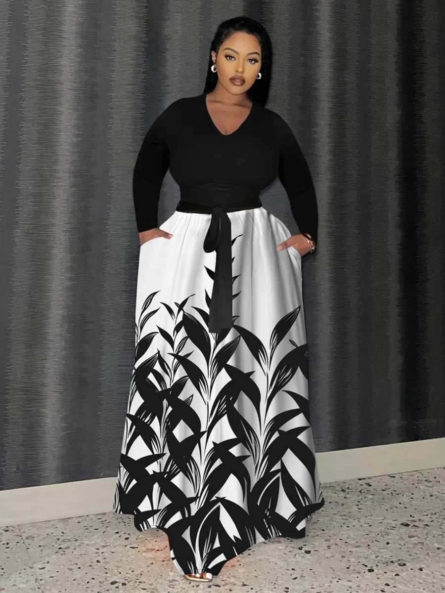 Maxy LW Plus Size Dresses Floral Print Belt Design Dress long sleeve V neck color contrast maxy dress Elegant party evening dress