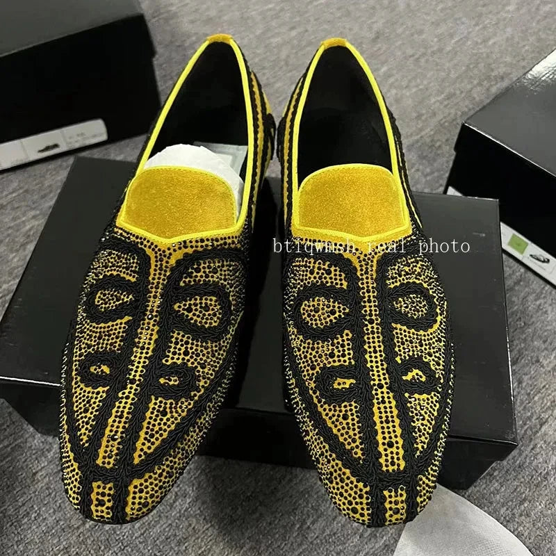 Visco Red Embroidery Rhinestone Shoes Man Pointed Toe Flower Slip On Flats Male Fashion Party Shoes