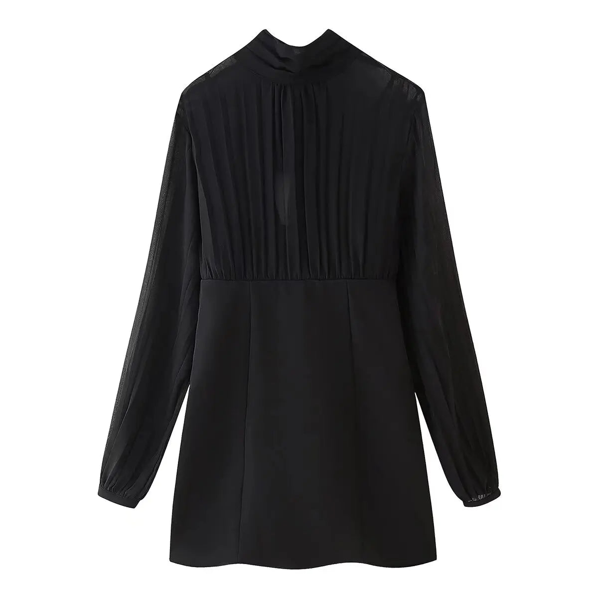 TRAFZA Woman Summer Bow Black Slim Elegant Short Party Shirt Dress Women New Fashion Long Sleeves Pleated Mini Dress Mujer