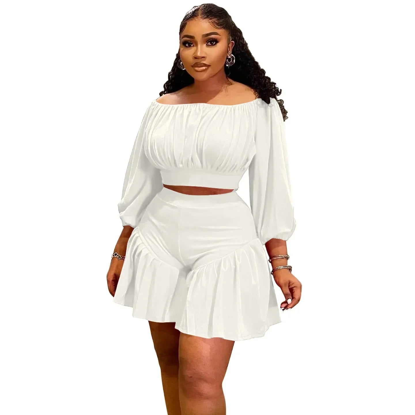 Maxy Customized Plus Size Women's Set Long Sleeve Slash Neck T-Shirt and Shorts 2025 Summer Ruched Two 2 Piece Set Outfits Tracksuit