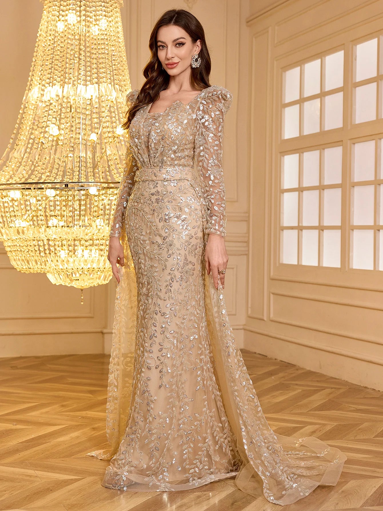 Maxy UNITHO Women's Long Sleeve Sweetheart Neck Diamond Embellished Sequined Evening Gown,Party Dress