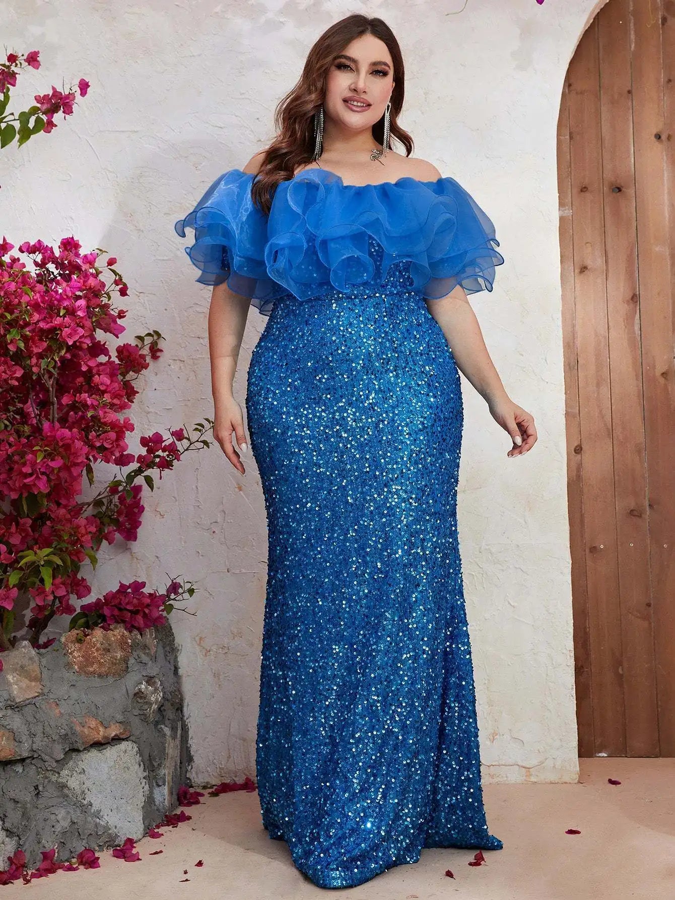 Maxy Plus Size Women Party Dresses New Fashion Strapless Mesh Splicing Elegant Sequin Wedding Dresses Large Female Evening Long Dress