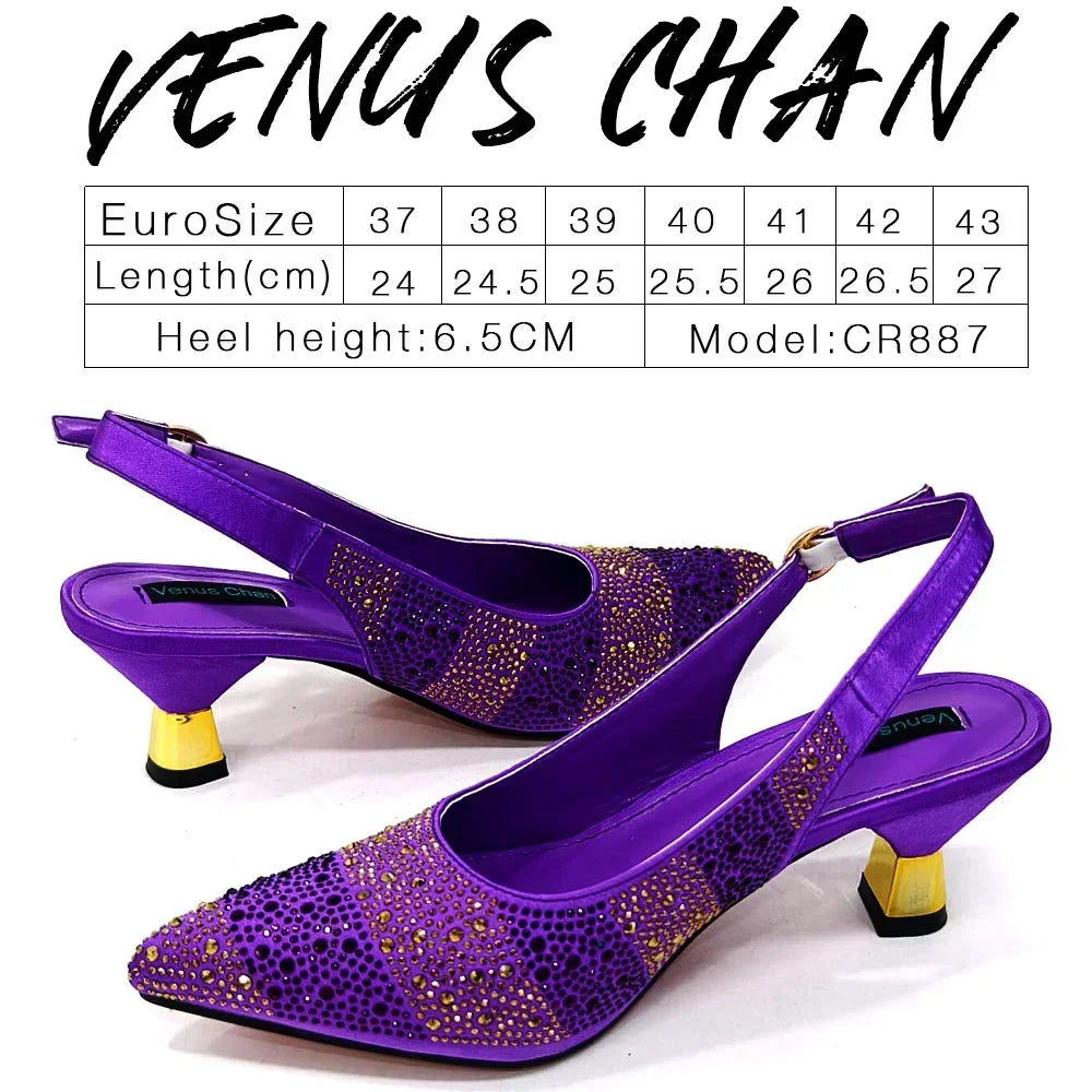 Venus Chan Italian Design Rhinestone-encrusted Ladies Party Shoes And Special Bag High Heels And Dual Purpose Bag Women's Shoes