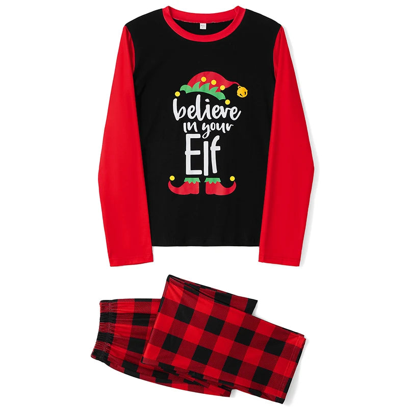 Matching Christmas Pajamas for Family Long Sleeve Elf Print Tops Plaid Pants Set Loungewear