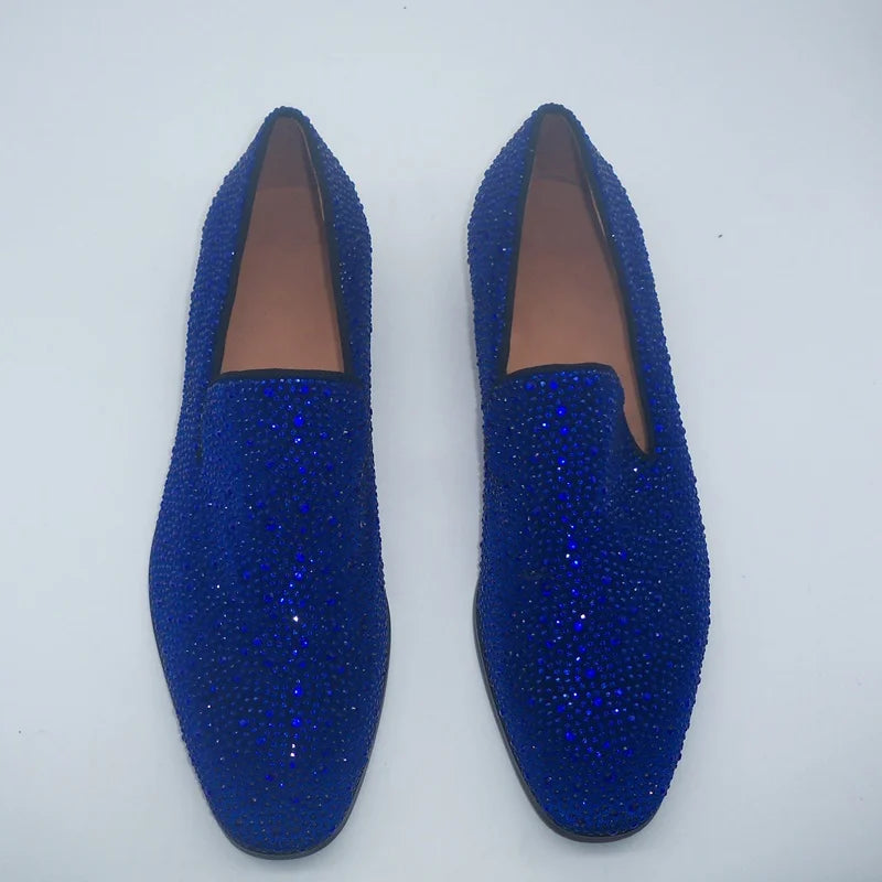 Visco LOUBUTEN Royal Blue Full Rhinestone Loafers Luxury Party And Wedding Shoes Men Crystal Shoes Slip On Flats Dress Shoes