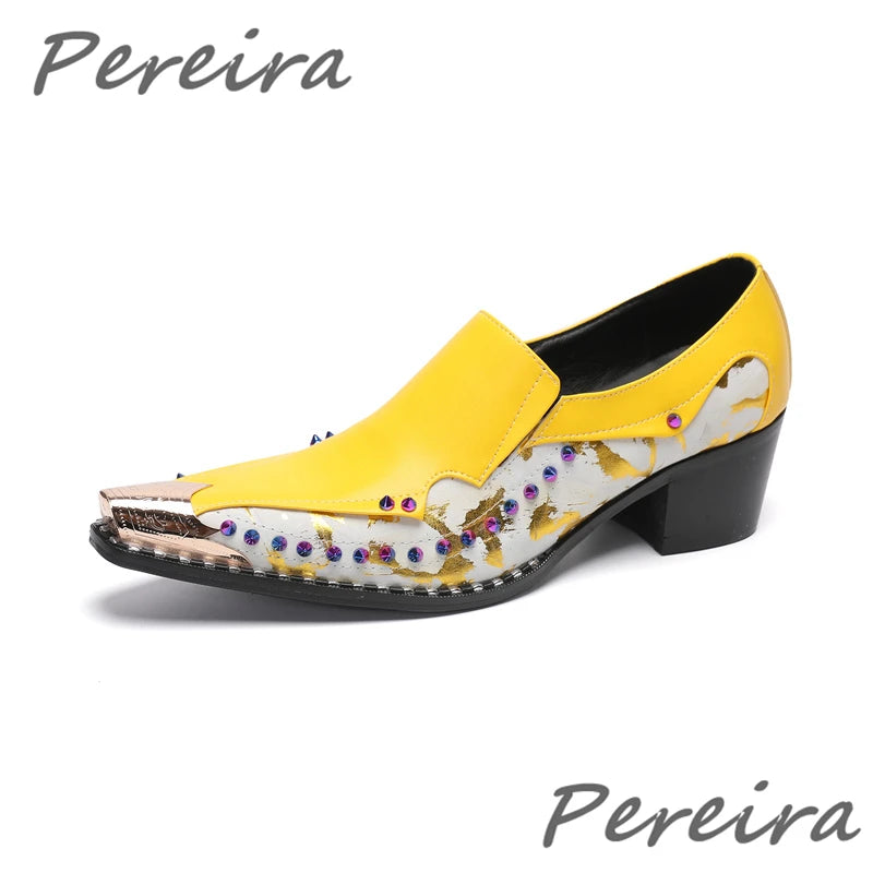 Maxy Colorful Rhinestone Yellow Purple Mixed Colors Leather Shoes for Men Metal Pointed Toe 4.5Cm Heel Loafers Business Dress Shoes