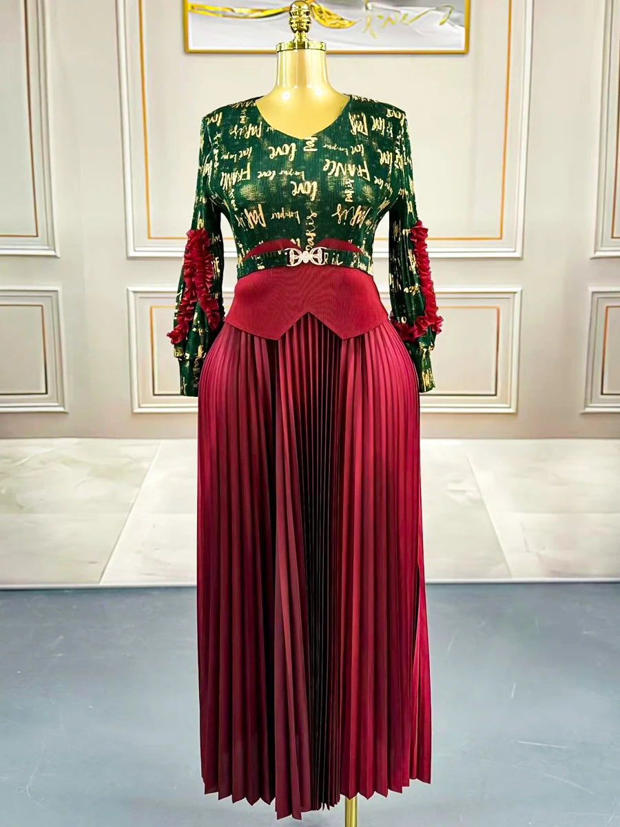 Maxy Women's Evening Gala Long Sleeve Dresses Plus Size Clothes Elegant Party Gowns Female Luxury Prom Miyake Pleated Dresses