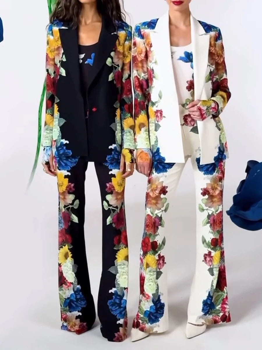 Maxy Formal Printing Two Piece Set for Women Lapel Long Sleeve Spliced Chic Botton Blazer High Waist Pant Suit Female Clothing