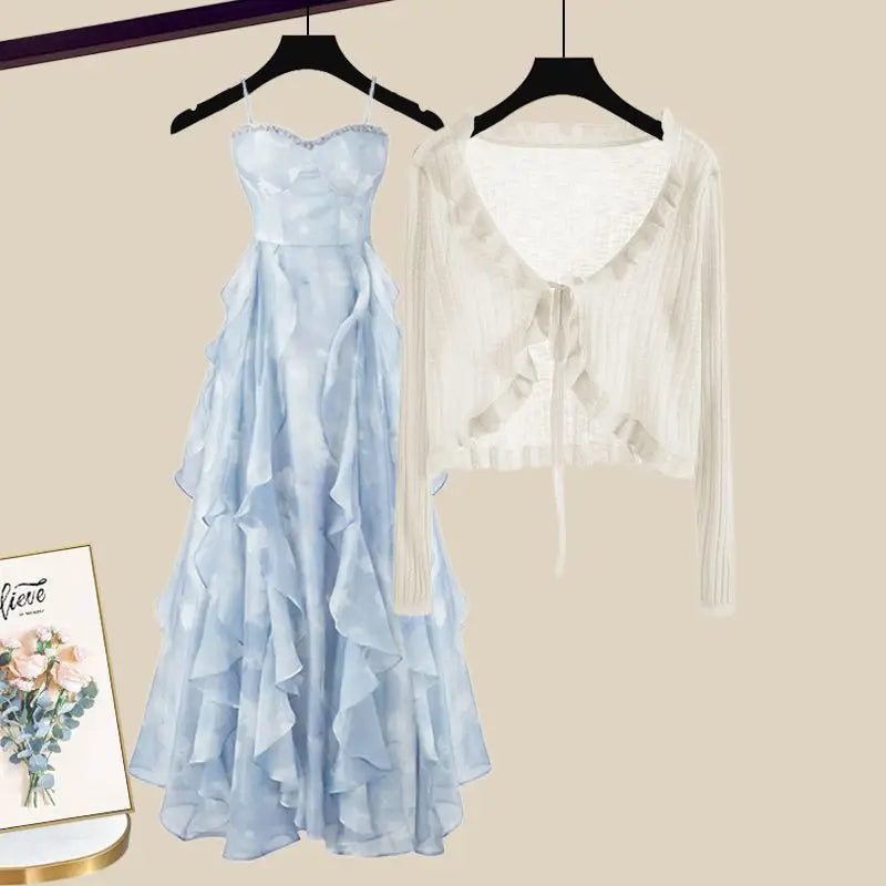 Maxy Summer Sun Protection Ice Silk Chiffon Shirt Ruffle Suspender Dress Two-piece Set Elegant Women's Dress Set Party Dress