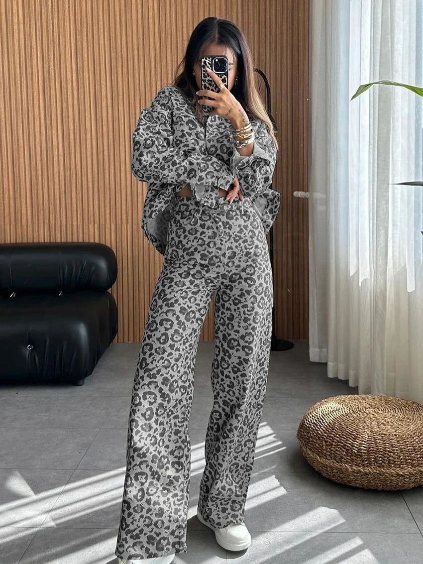 Marthaqiqi Leopard Print Women Nightgowns Set Long Sleeve Nightwear Turn-Down Collar Pajamas Pants Fashion Ladies Sleepwear Suit