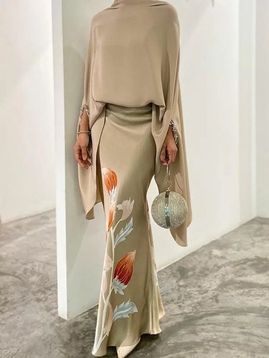 Maxy Elegant Skirt Suits New Women Two Piece Set Solid Color High Neck Tops & Vintage Floral Printed High Wiast Skirts