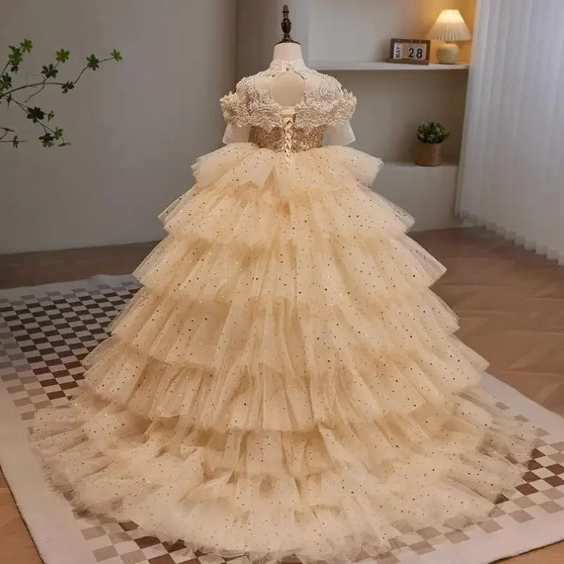 Maxy High-End Children's Pearls Sequin Evening Gown Wedding Birthday Catwalk Host Performance Party Girls' Trailing Dress A2894