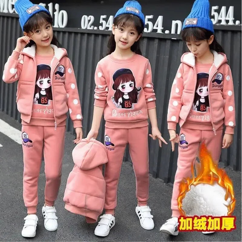 Visco Girls Children's Winter Thick Velvet Warm Clothing Set 3Pcs Kids New Casual Tracksuit Children's Sportswear Suit 4-13 Years