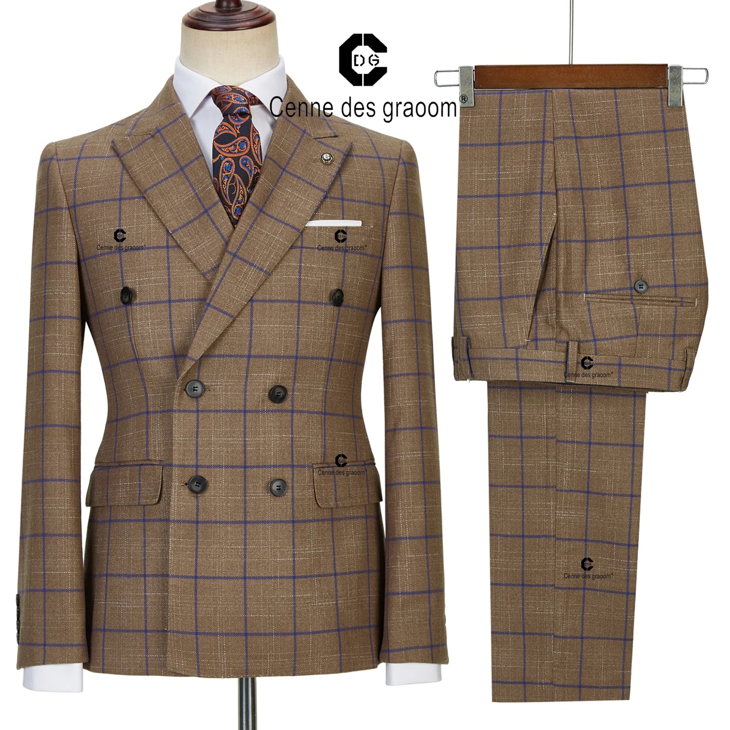 Maxy Canne Des Groom 2024 New Brown Plaid Suits for Men Double Breasted 2 Pcs Set Blazer Jacket Pants Party Meeting Office