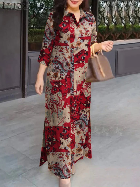 ZANZEA Women Auutmn Dresses Vintage Spring 3/4 Sleeve Floral Print Long Maxi Dress Fashion Cotton Shirt Dress Loose Sundress