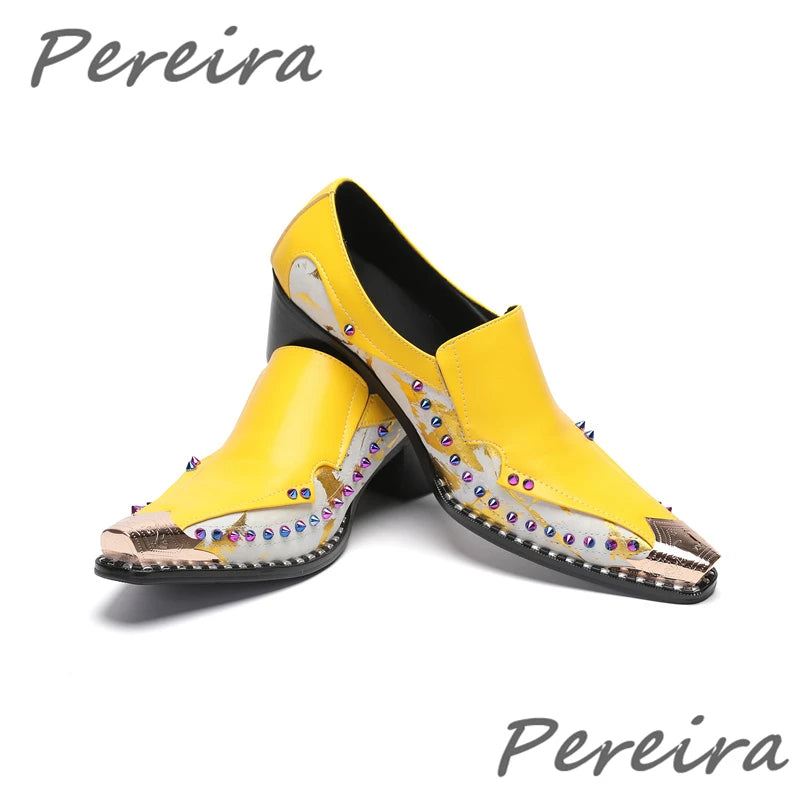 Maxy Colorful Rhinestone Yellow Purple Mixed Colors Leather Shoes for Men Metal Pointed Toe 4.5Cm Heel Loafers Business Dress Shoes