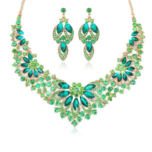 Maxy Luxury Exquisite Green Crystal Leaf Dubai Jewelry Sets For Women Wedding Party Jewelry Accessories Stud Earrings & Necklace Gift