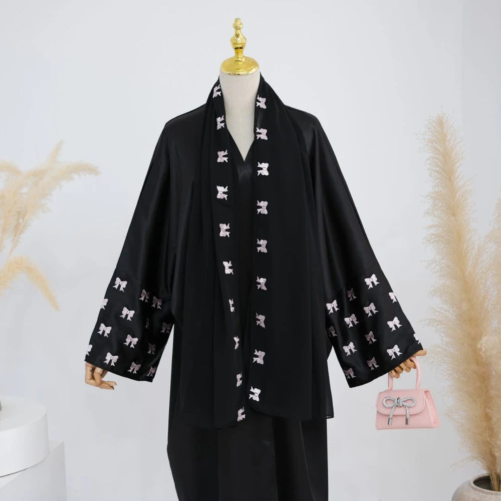 Maxy Butterfly Embroidery Muslim Modest Cardigan for Women Ramadan Saudi Arabia Black Hijab Abaya Islam Turkey Kaftan Robe