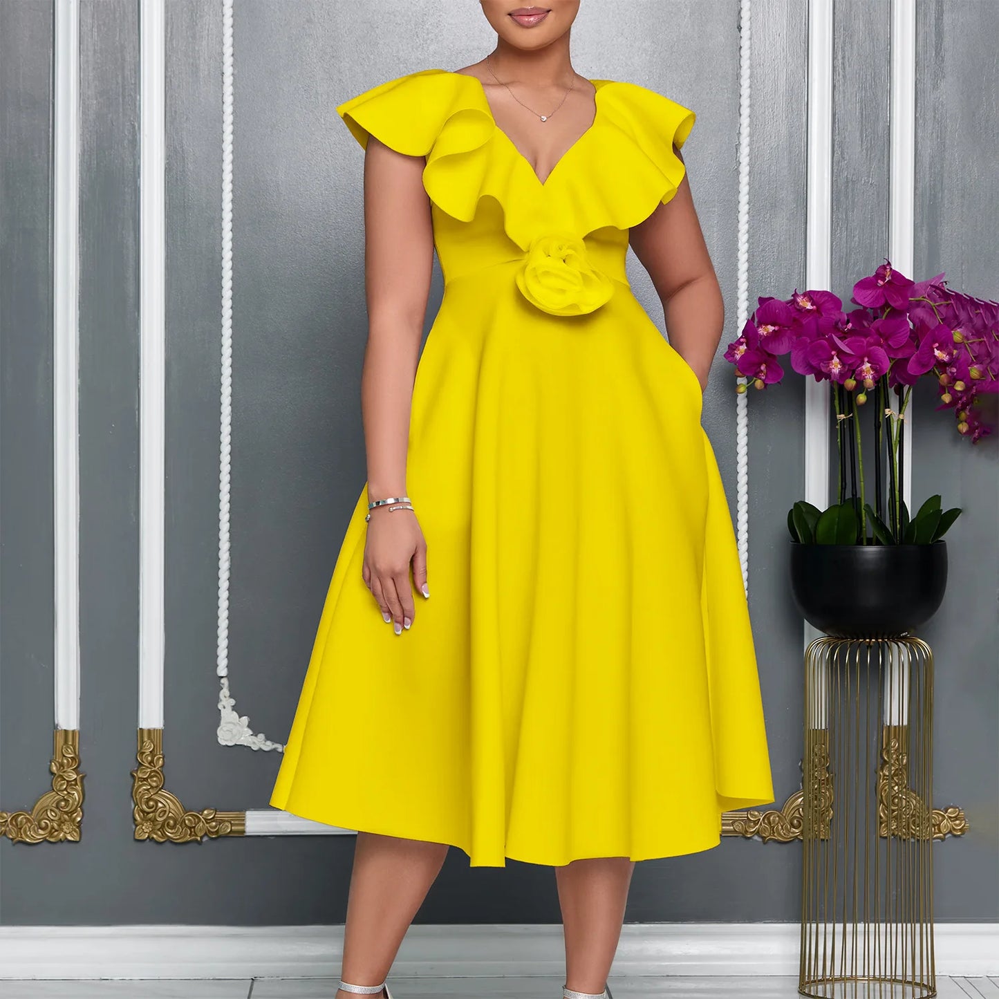 Maxy Elegant Dress Women for Wedding Party Summer Sleeveless V-neck Polyester Midi Dress Outfits Dashiki African Clothes