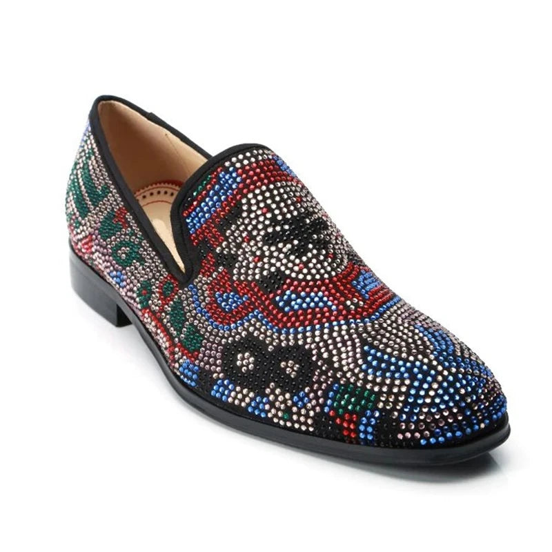 Visco Colorful Rhinestone Wedding Shoes Man Pointed Toe Real Suede Leather Slip On Flats Male Fashion Party Shoes