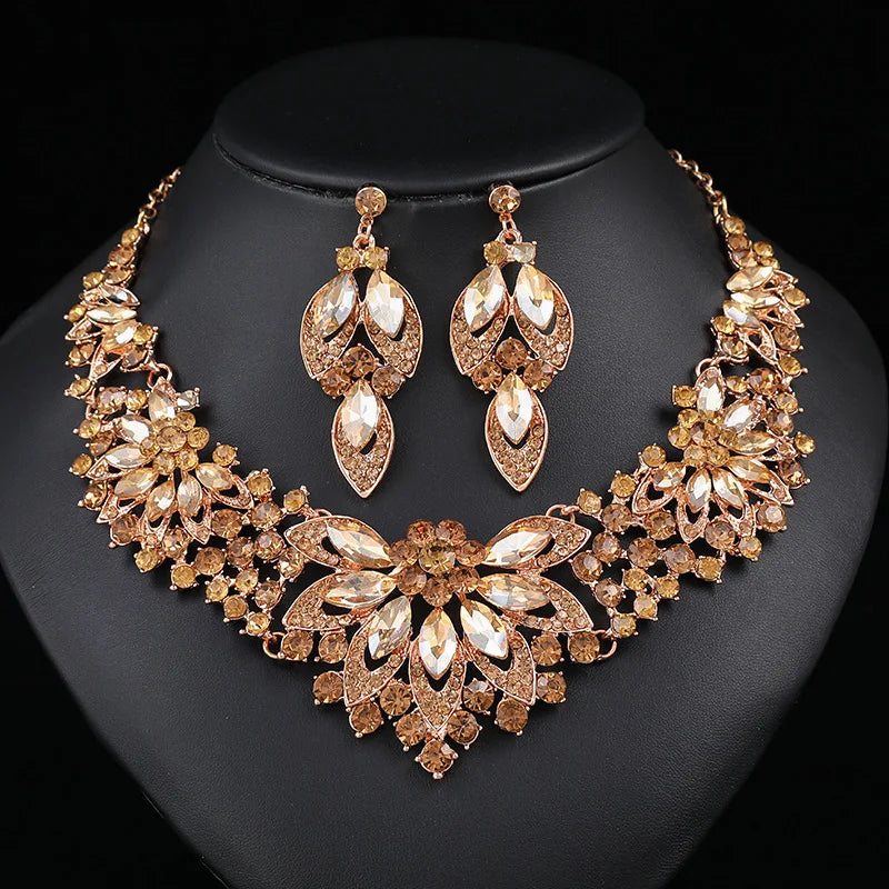 Maxy Luxury Exquisite Green Crystal Leaf Dubai Jewelry Sets For Women Wedding Party Jewelry Accessories Stud Earrings & Necklace Gift