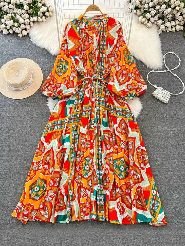 Maxy New Spring Autumn Retro Print Pleated Long Dress Femininity Small Stand-up Collar Puff Sleeve Slim Holiday Dress A116