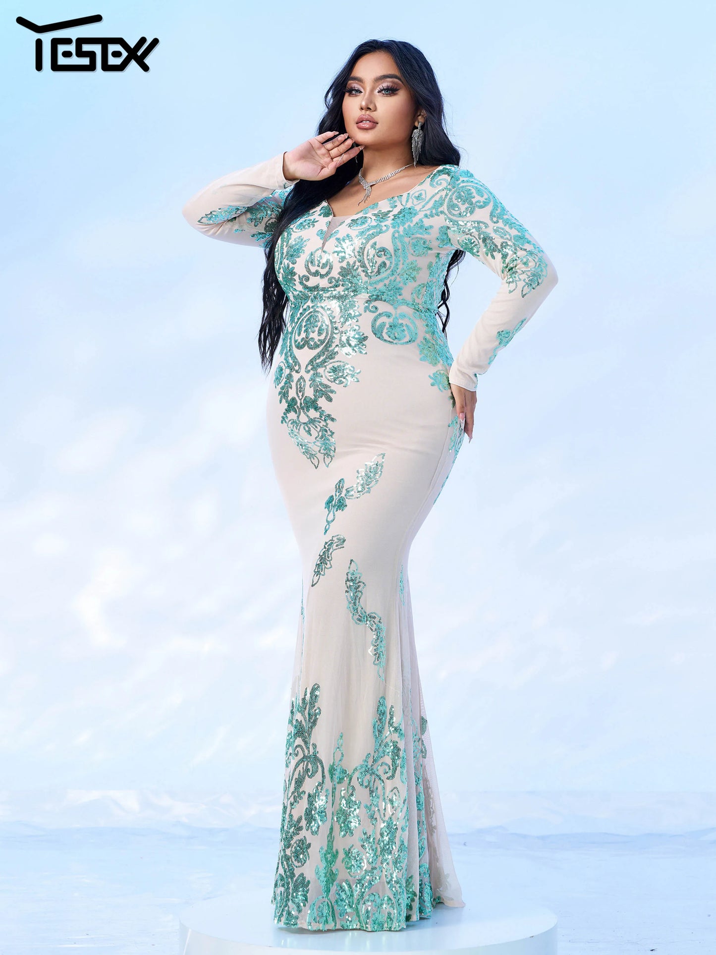 Maxy Yerex New Plus Size Green Long Sleeves Sequin Mermaid Evening Gown Graduation Wedding Birthday Party Formal Occasion Dresses