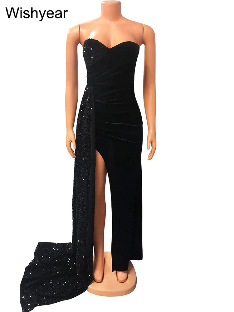Maxy Elegant Sparkly Bodycon Long Dresses with Trail Christmas Birthday Dress for Women Sequin Velvet Maxy Evening dress