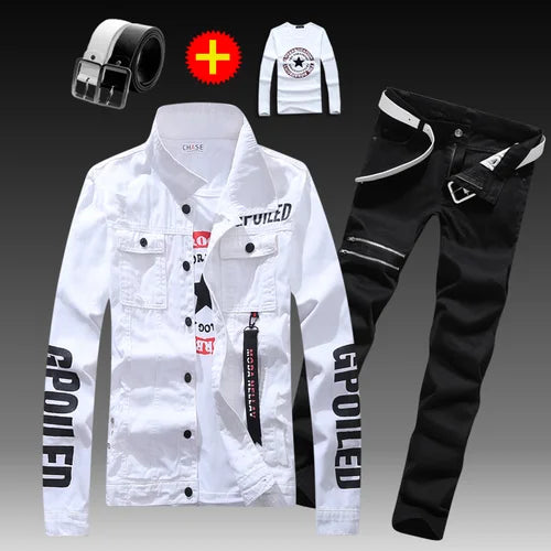 Visco Men's Slim Fit Denim Jacket Pants 2pcs Set Long Sleeve Coats Letters Printed Casual Large Size Black White Red Boys Trousers