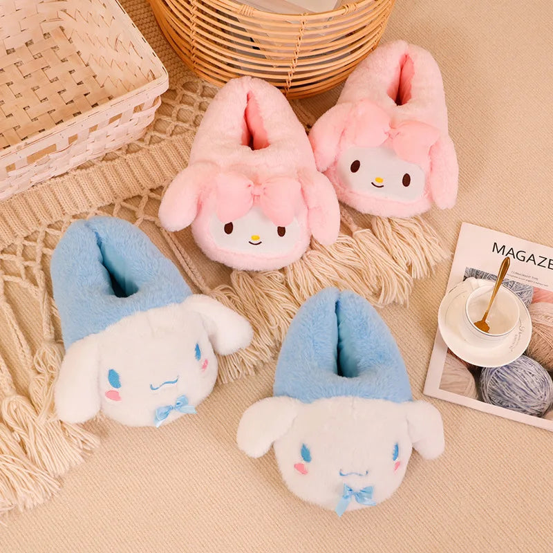 Maxy Cartoon Sanrioed Kuromi Hello Kitty Y2K Plush Slippers Women Melody Cinnamoroll Anime Kawaii Winter Home Cotton Shoes Soft Girl