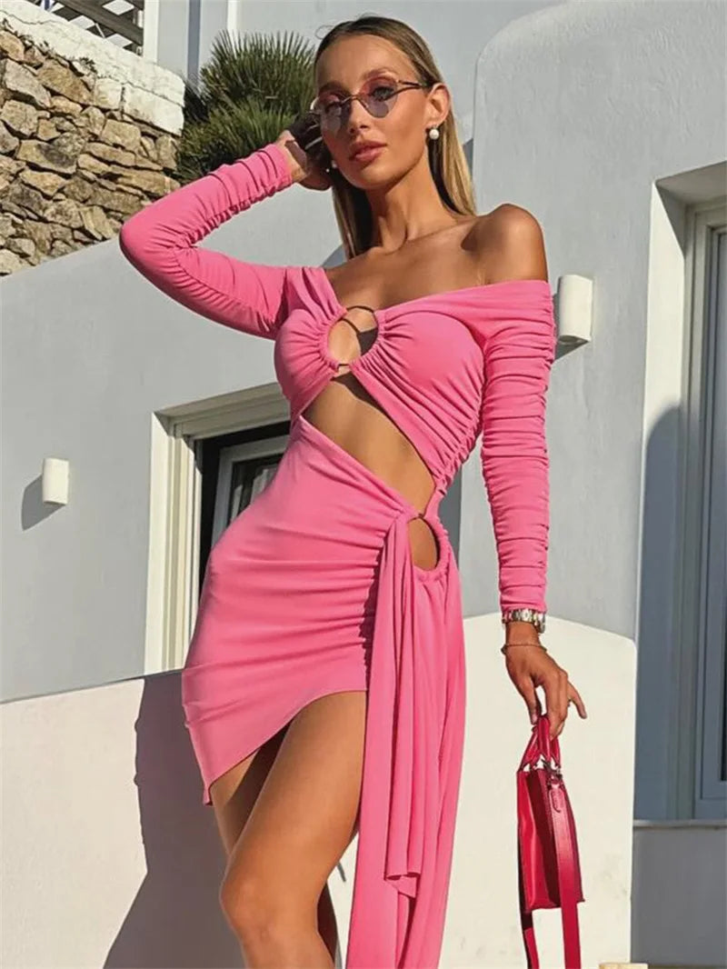 Off The Shoulder Hollow Women's Prom Dress Metal Ornaments Ribbon Party Gown Pleated High Waist Short Mini Newest In Stock