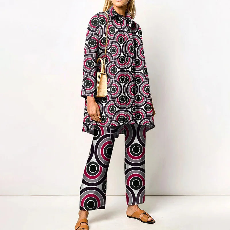 Maxy Autumn New Loose Vintage Printed Pant Sets Women Long Sleeve Shirts And Wide Legs Trousers Two Piece Set Fashion Streetwear