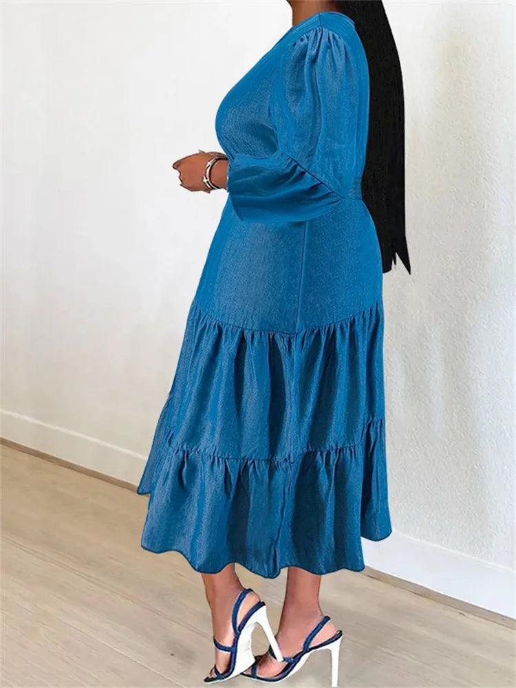 Maxy Plus Size Denim Dresses for Women Solid Long Sleeve Fashion Elegant New Maxy Dress with Bandage