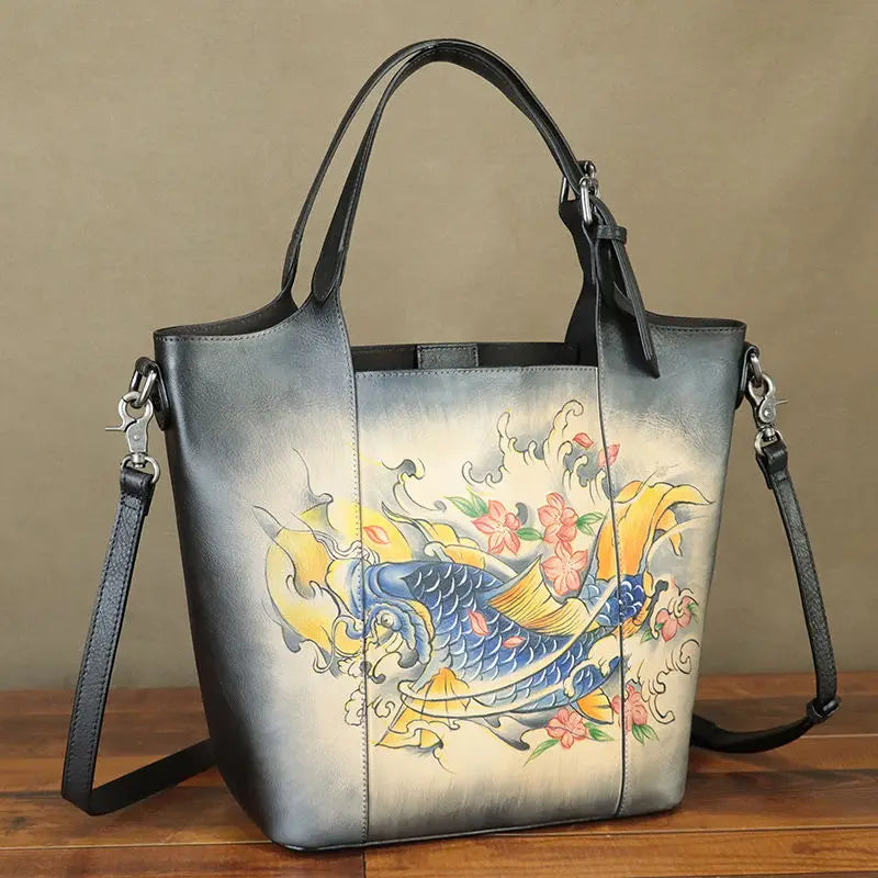 Maxy First Layer Cowhide Leather Women's Handbag Vintage Female Hand Drawn Tote Bag Large Capacity Shoulder Crossbody Bags