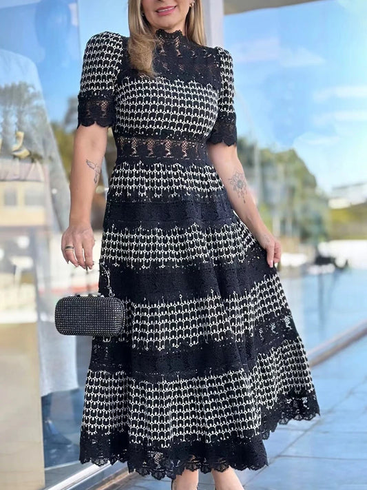 Maxy VGH Vintage Printed Dress Women Stand Collar Short Sleeve High Waist Spliced Lace Long Dresses Female Fashion Clothes New Autumn