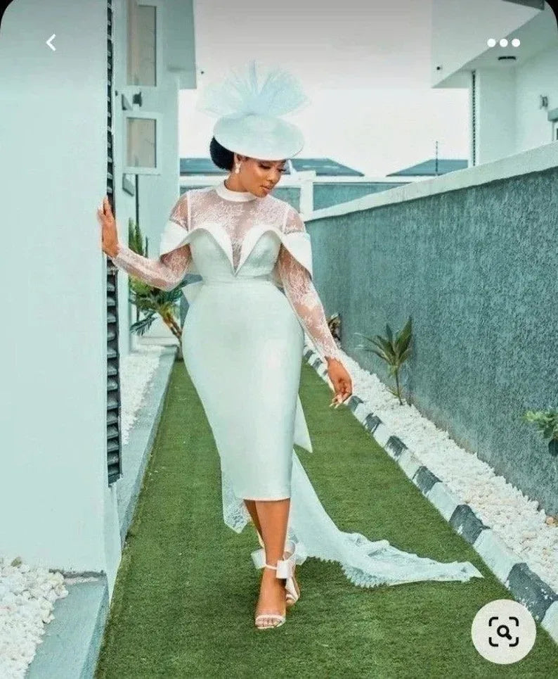 Customized New Short Wedding Dresses Mermaid Lace Long Sleeves Tea Length Satin Classic African Women Prom Bridal Party Gown