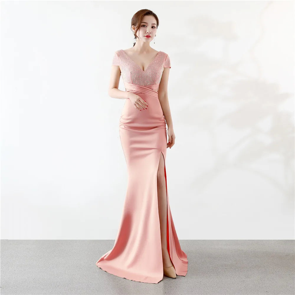 Maxy Customized Cap Sleeve V Neck Cross Waist Side Slit Backless Dress Cocktail Party Evening Gowns For Women