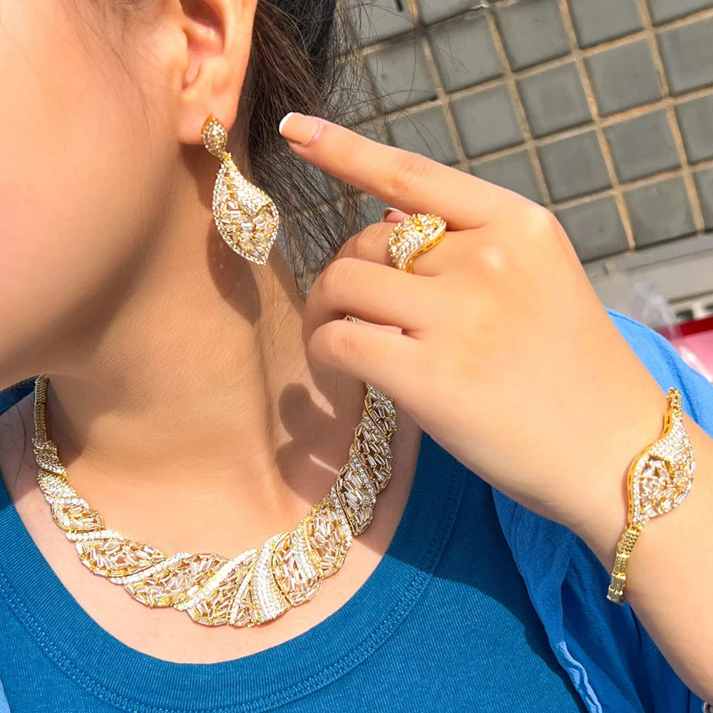 Maxy Three Graces Exquisite Shiny Cubic Zirconia Stone 4pcs Dubai Nigerian Bridal Wedding Banquet Dinner Jewelry Set for Women TZ833